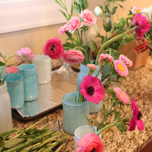 Putting flowers in vases