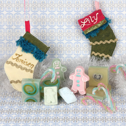 Go handmade this holiday with this group of fun soaps, bath fizzies and customized stocking.